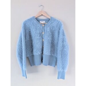 Bailey 44 Light Blue Fuzzy Eyelash Knit Cardigan Gold Military Button Sweater M
